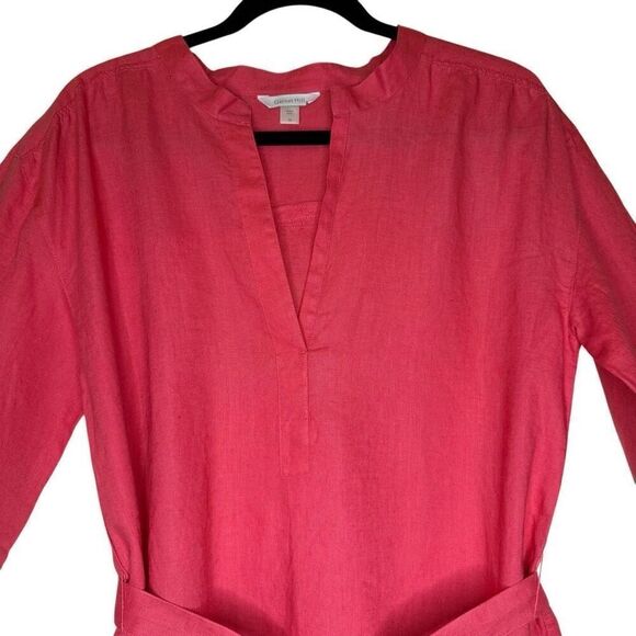 Garnet Hill Pink Linen Three Quarter Sleeve Coastal Shirt Dress Size 10 - Picture 2 of 12